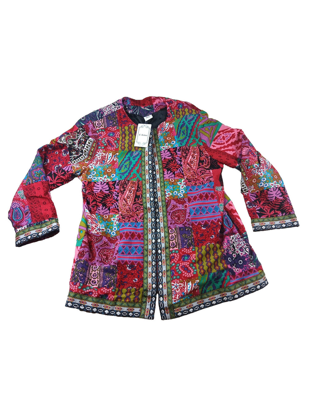 E Retro Womens Patchwork Jacket Open Front Cardigan Vibrant Colorful NWT sz 3XL